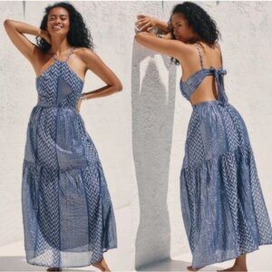 Anthropologie Mahila Reva Halter Maxi Dress Blue Metallic Open Back XS NWT